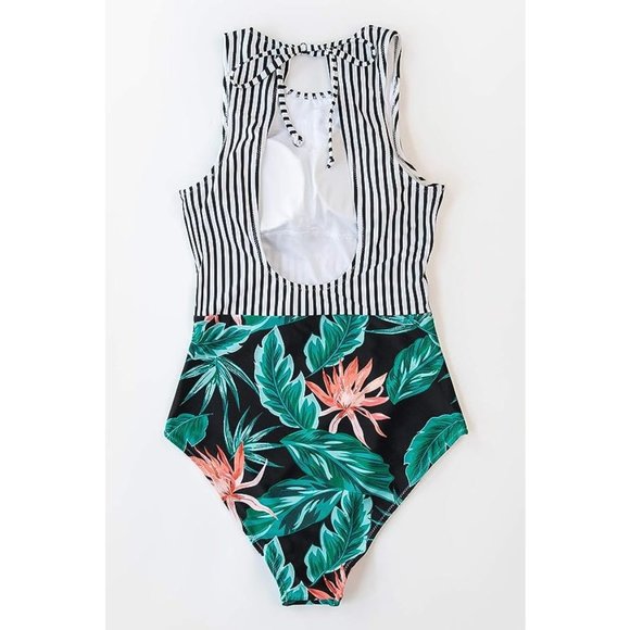 Cupshe Stripes & Leaves High Neck One Piece Swimsuit S - Picture 4 of 4
